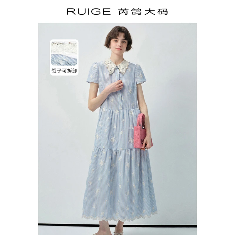芮鸽微胖定制短袖连衣裙蕾丝领条纹刺绣长裙微胖夏裙子0126LW