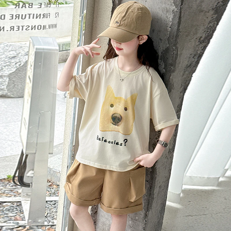 女童套装夏装卡通图案T恤休闲上衣+中大童装运动大口袋短裤两件套