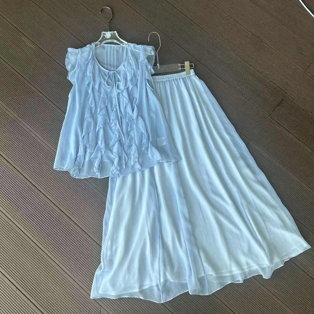 【禾枫丫丫-蓝色岛屿套装】重磅100桑蚕丝半袖+半裙套装 59159-2