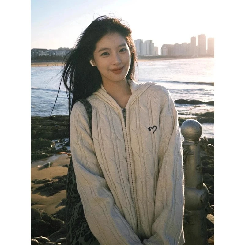 美式复古连帽针织开衫女早春双拉链麻花毛衣外套宽松软糯甜美上衣