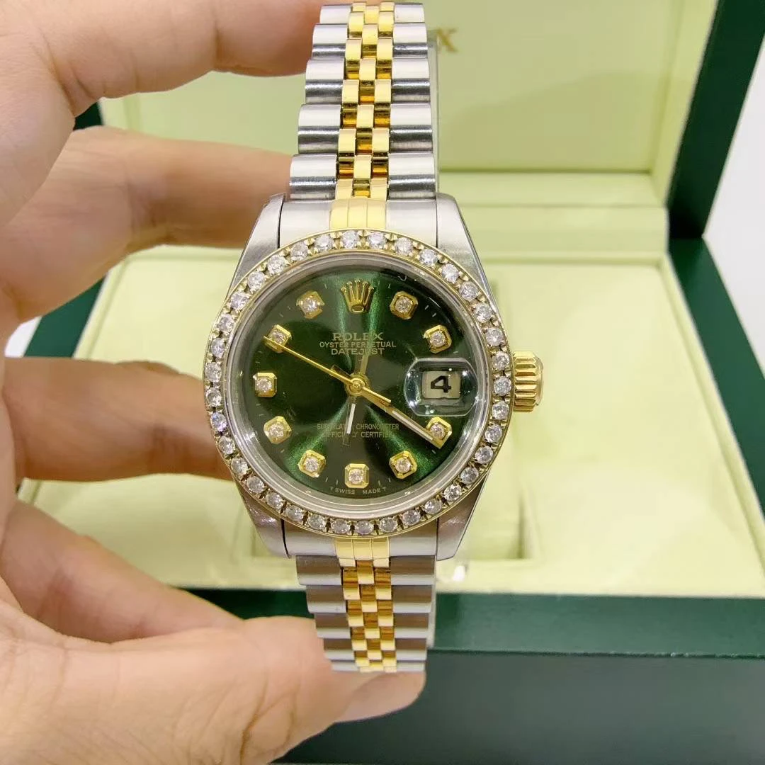 95新 Rolex/劳力士 日志26mm绿盘间金后钻自动机械女手表