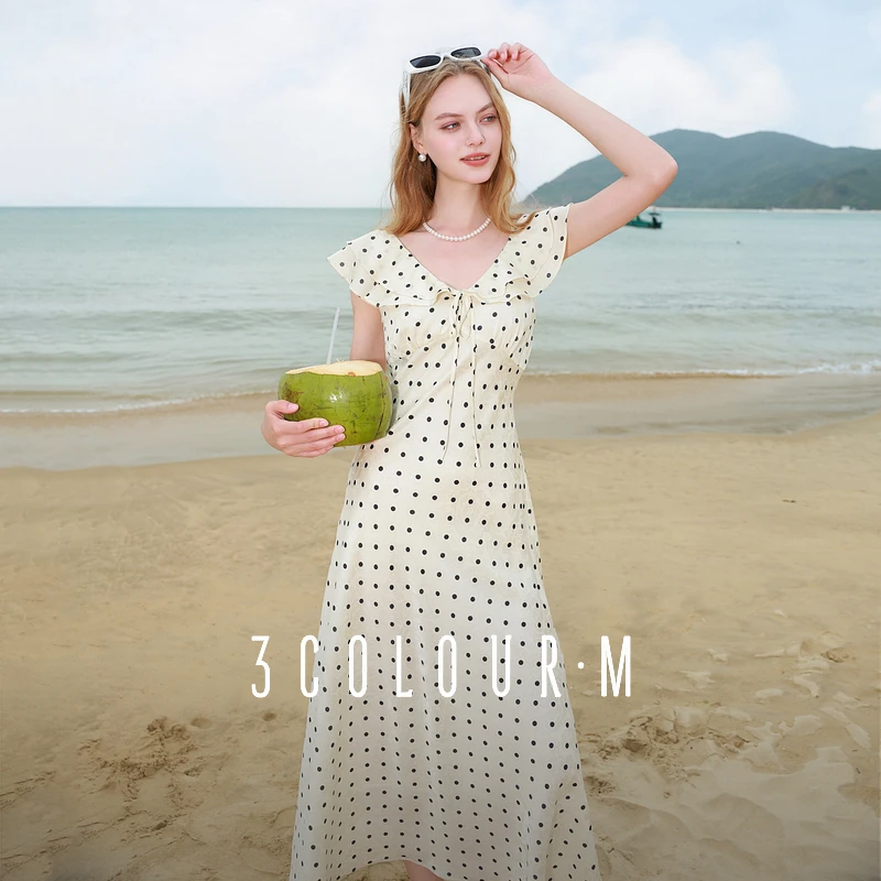 三彩2025夏季新款缎面连衣裙波点印花荷叶边吊带背心长裙法式女M