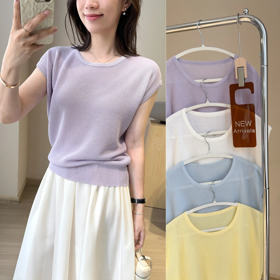 靓小靓【浅夏蝙蝠袖针织T】亚麻天丝超级凉落肩遮肉短款上衣ZMF8838