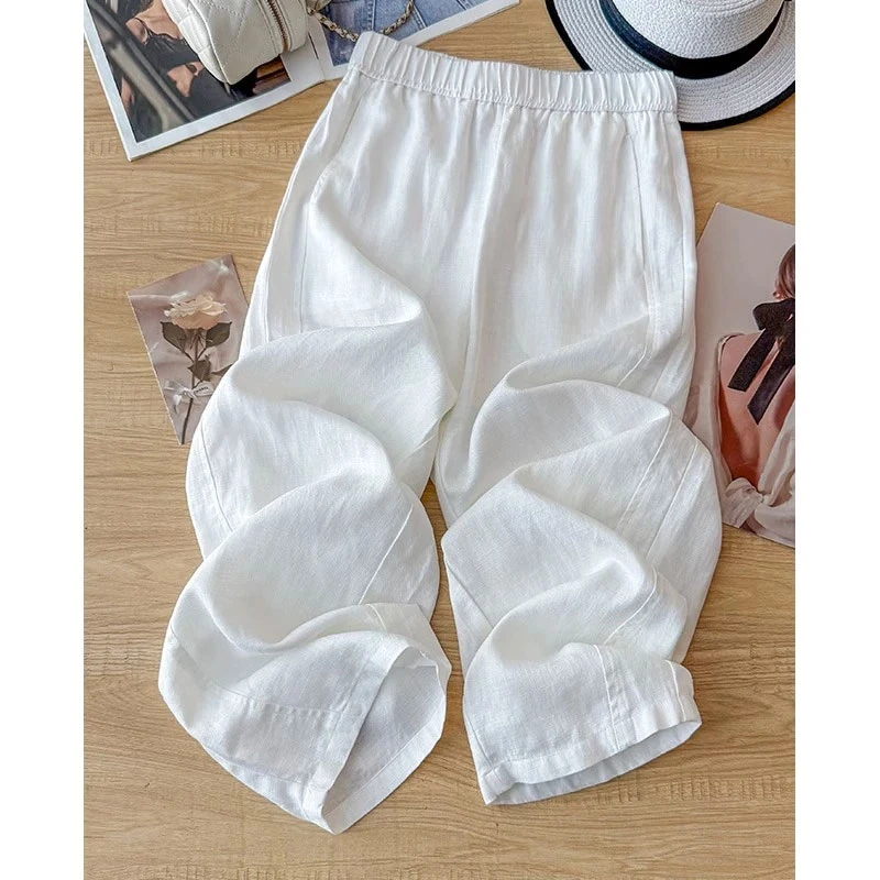 白色棉麻阔腿裤女夏季薄款防晒凉凉裤小个子九分裤天丝亚麻直筒裤