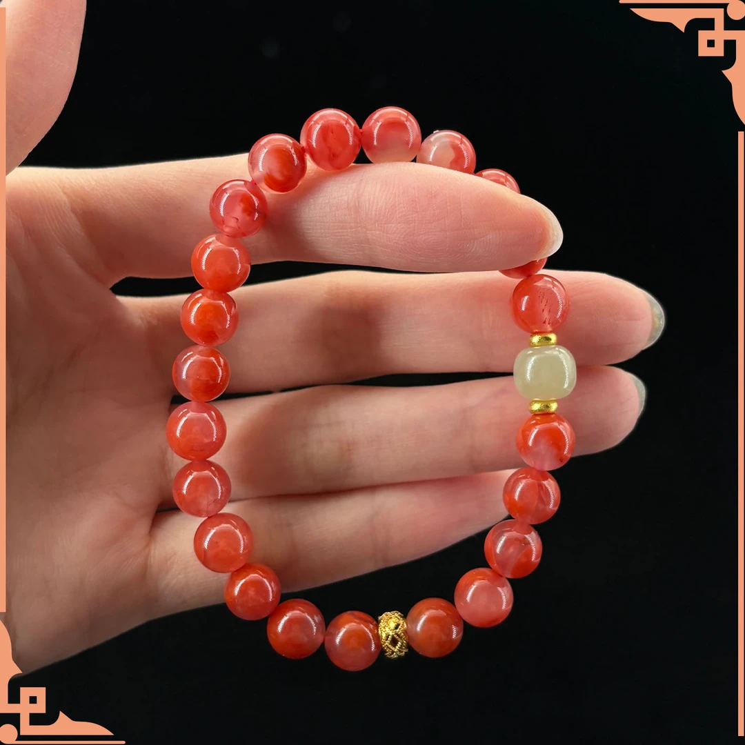 【铭奢精品】柿子红南红和田玉顶珠招财避X手链多样性发货发其一