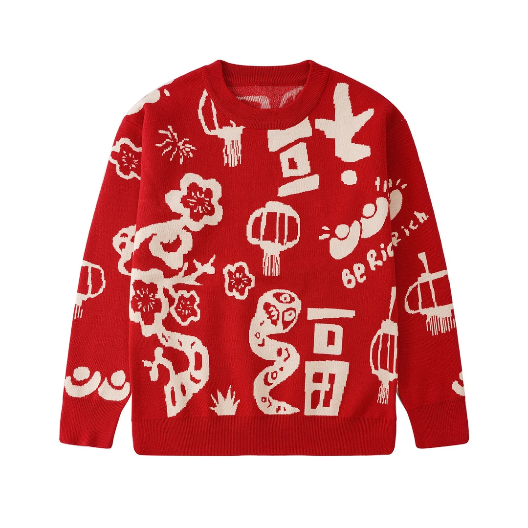 DBQ男装蛇年本命年红色毛衣圆领套头情侣装针织衫