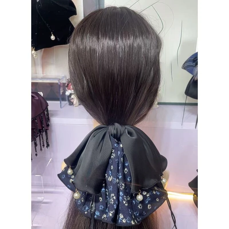 C042茉咔咔[墨染]蓝色花朵蝴蝶结马尾夹