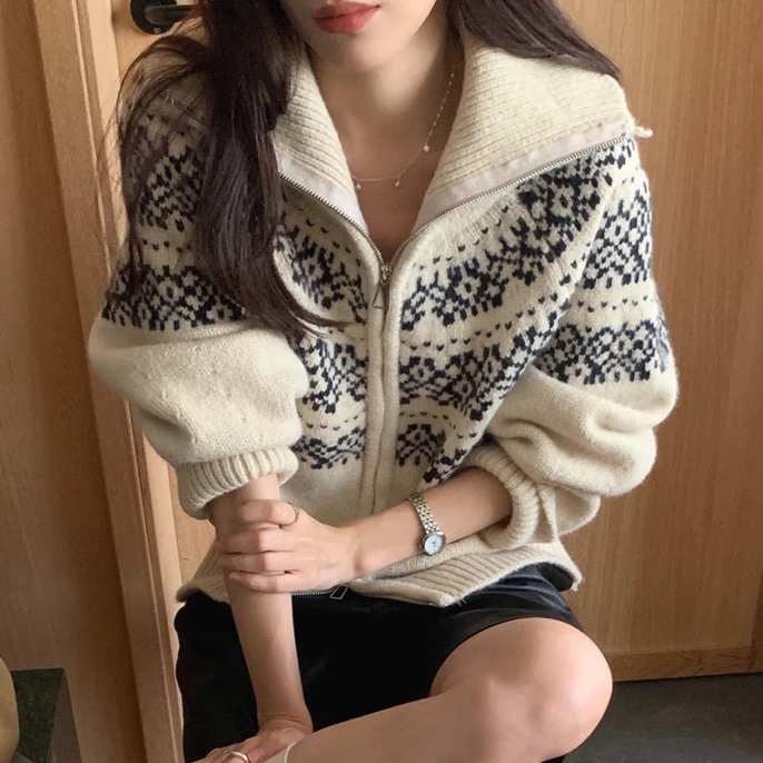 复古费尔岛慵懒毛衣翻领秋冬季新款拉链设计提花针织开衫外套