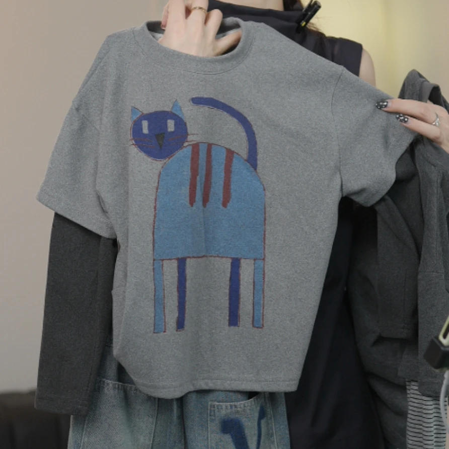 2025新款秋季儿童韩版拼接长袖T恤宝宝秋装休闲假两件宽松时尚