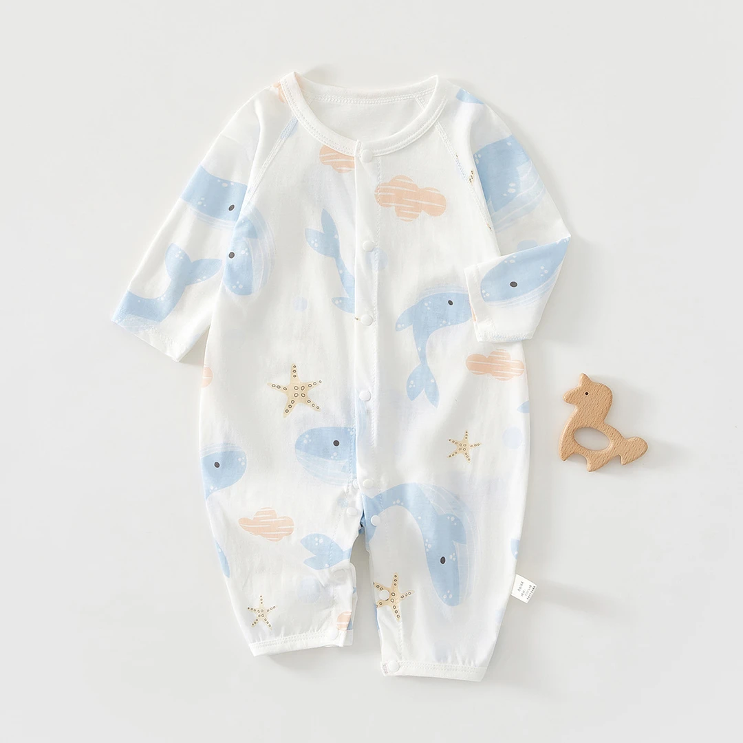 婴儿连体衣服夏装宝宝纯棉无骨空调服新生儿薄款睡衣长袖哈衣套装