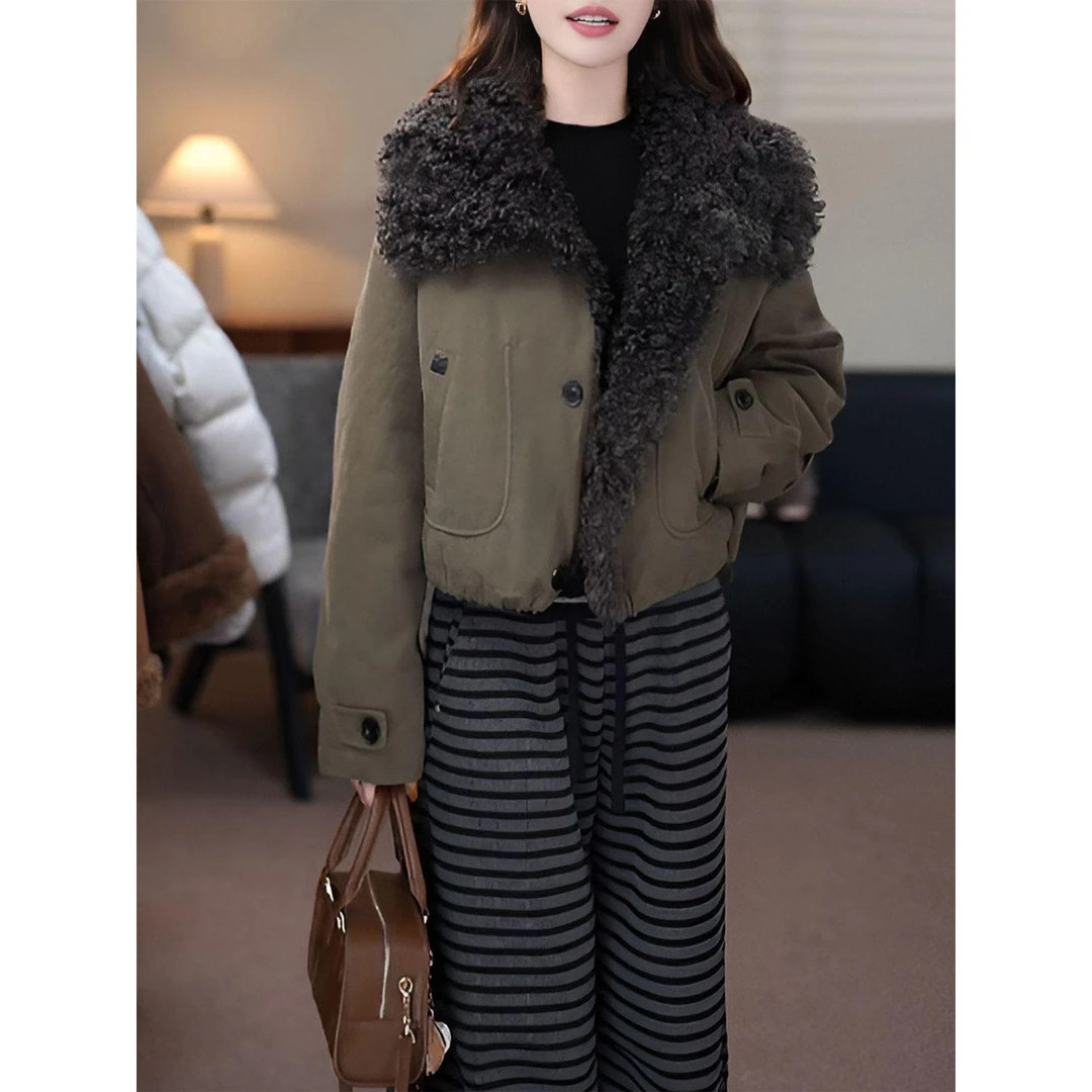 港风复古大翻领毛毛外套女冬季新款宽松加厚保暖棉服工装夹克上衣