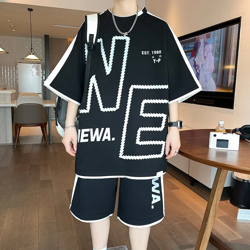 青少年夏季新款学生休闲时尚短袖套装宽松大字母印花百搭两件套男