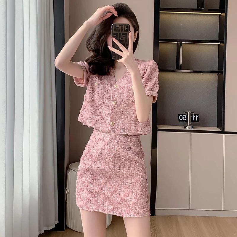 众妃粉色蕾丝半身裙夏装搭配一整套小个子名媛两