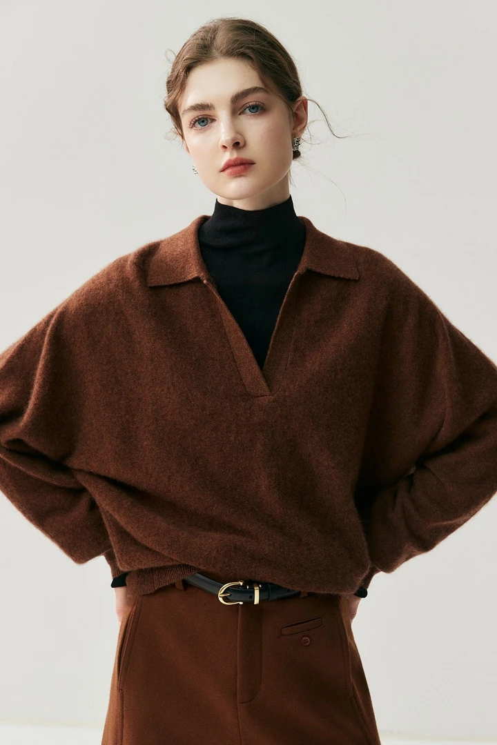 女翻领复古宽松厚款秋冬纯色羊绒针织衫针织长袖polo