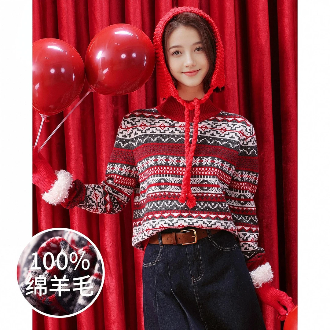 赛兔圣诞新年厚款纯羊毛保暖撞色费尔岛提花女羊毛衫159S245T066