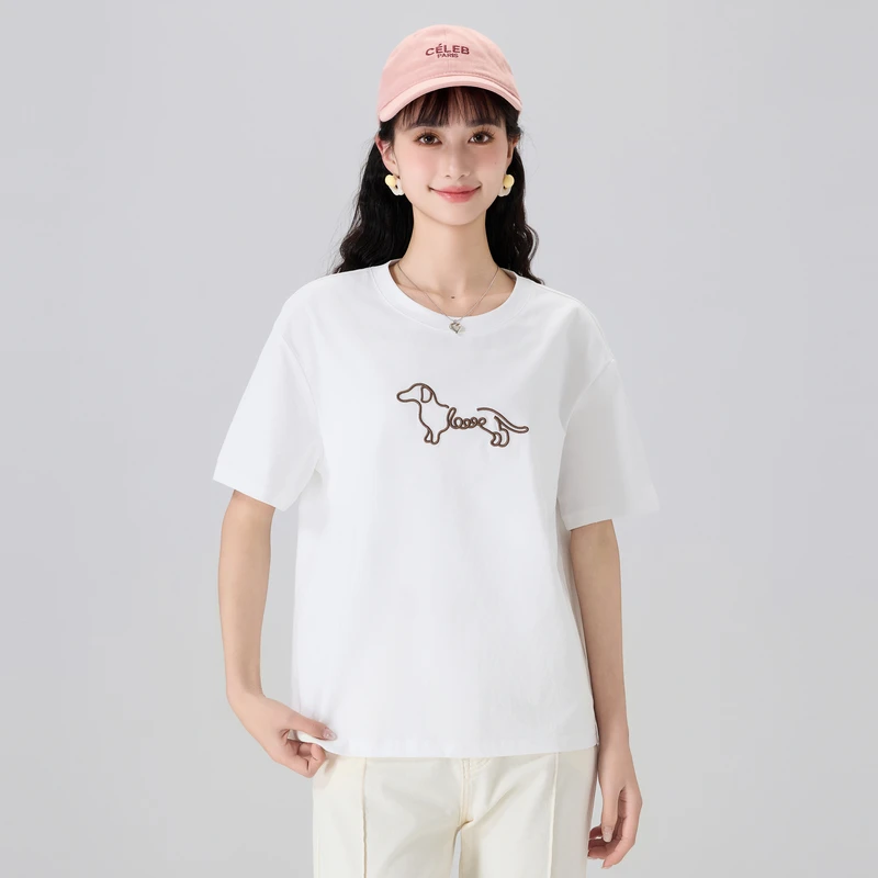 快鱼短袖T恤女2025夏新款亲肤透气舒适小狗刺绣简约百搭韩系上衣
