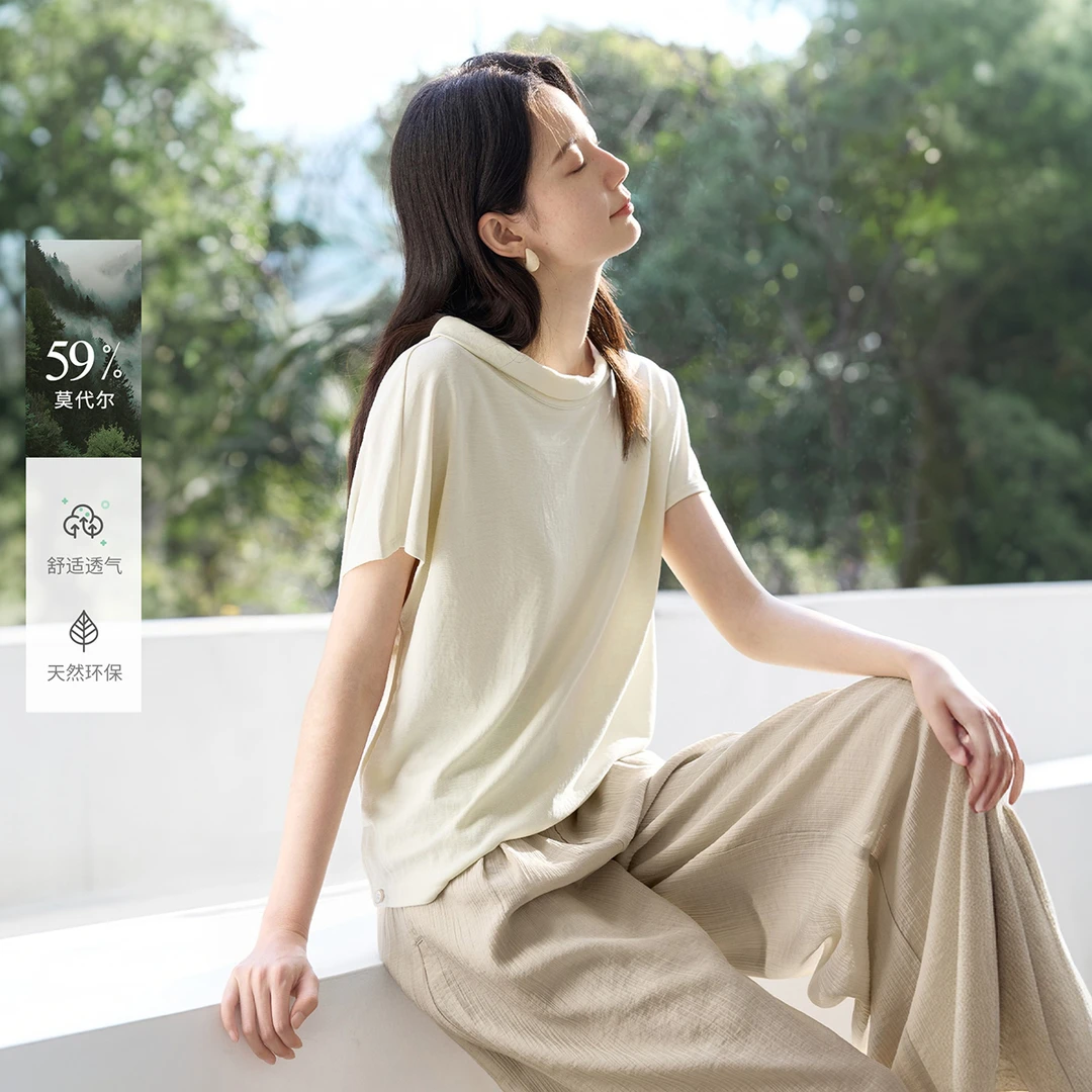 IHIMI/海谧2025年夏季新款女装简约百搭设计感莫代尔短袖T恤4A005