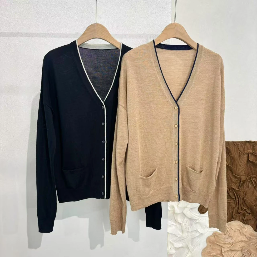 CSY5102 意大利客人订单 双色撞色拼条开衫