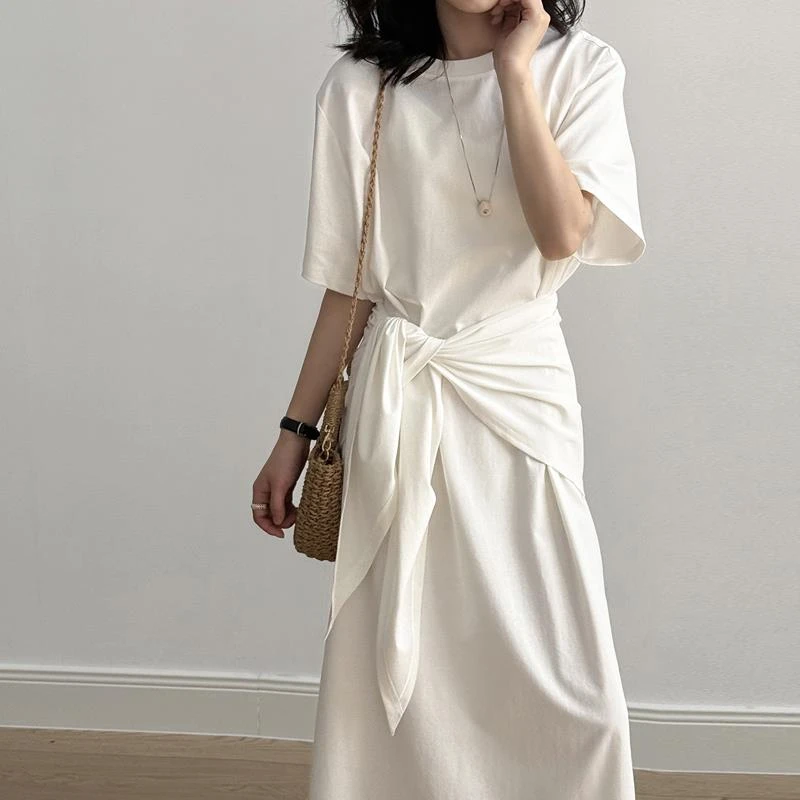 ROUJE LEOK白色短袖恤连衣裙女夏季新款宽松显瘦气质高级感休闲长