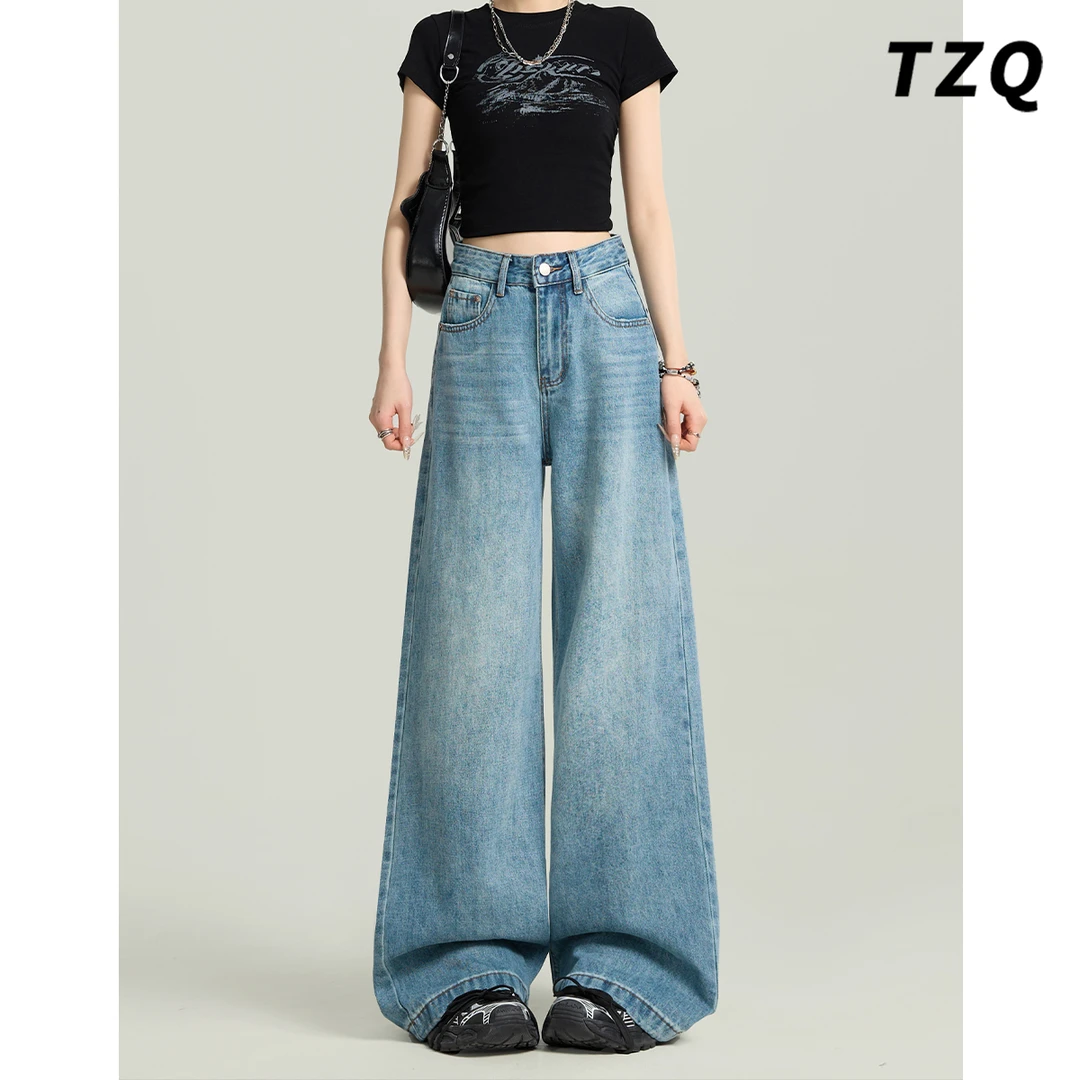复古蓝美式高街水洗牛仔女2025夏季新款宽松直筒阔腿裤TZQ2531431