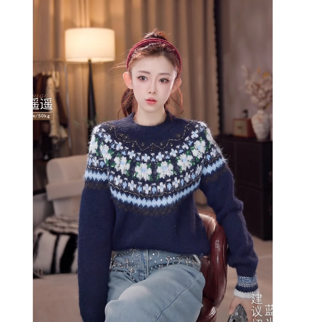 提花秋季女毛针织衫秋冬宽松加厚圆领针织时尚冬季毛衣