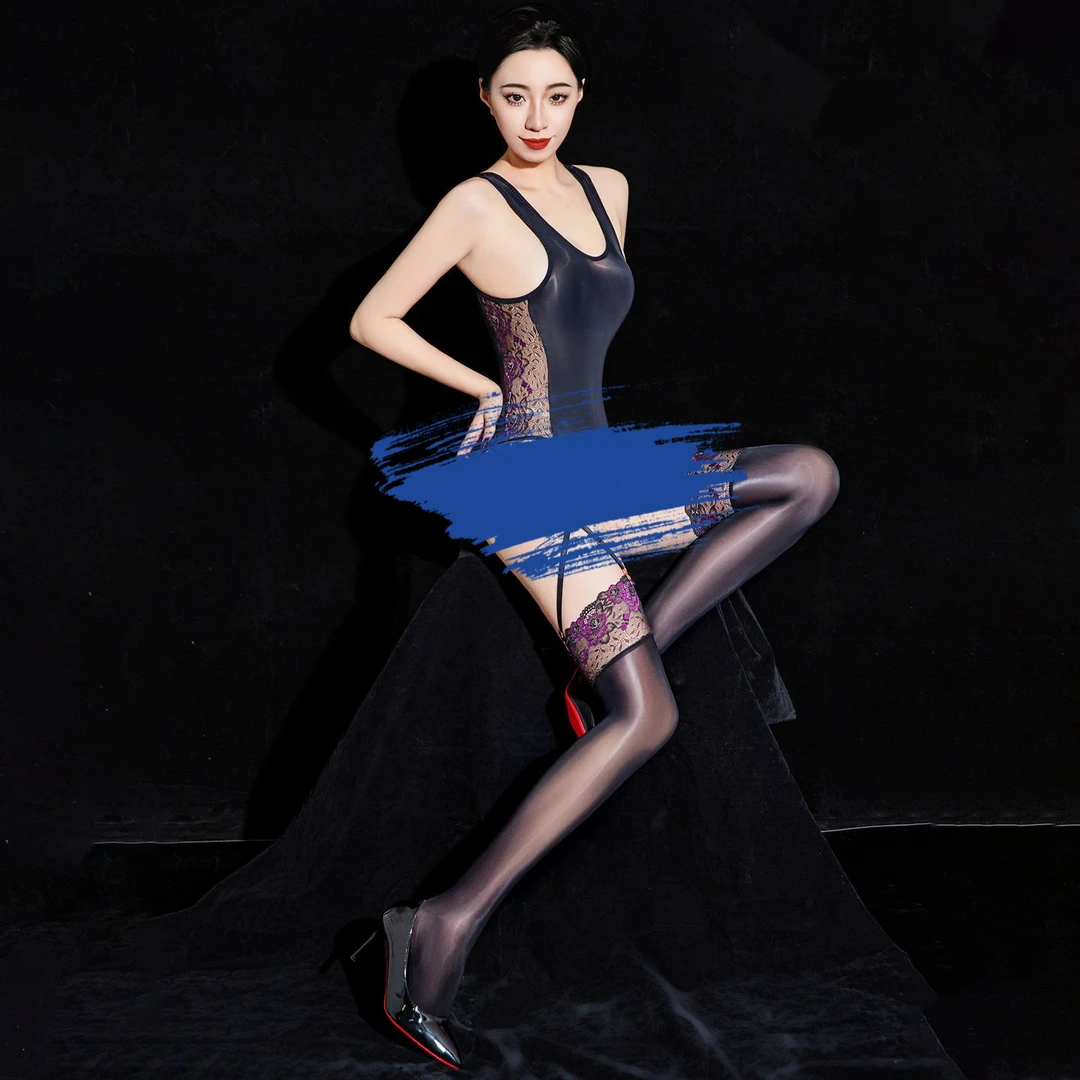 玫瑰蕾丝拼色性感泳衣透明油亮超薄捆绑带吊袜套装丝袜长筒袜