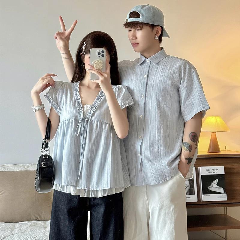 情侣装2025新款夏季设计感法式温柔风假两件衬衫时尚显瘦小众上衣