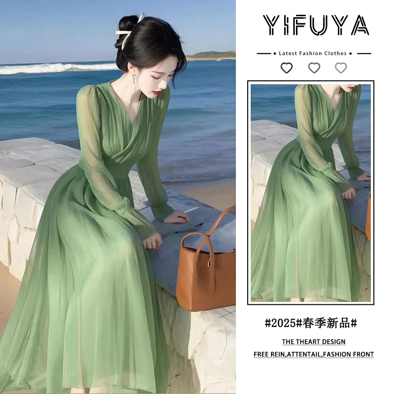新款多巴胺绝美裙子法式气质修身海边度假绿色2025春季雪纺连衣裙