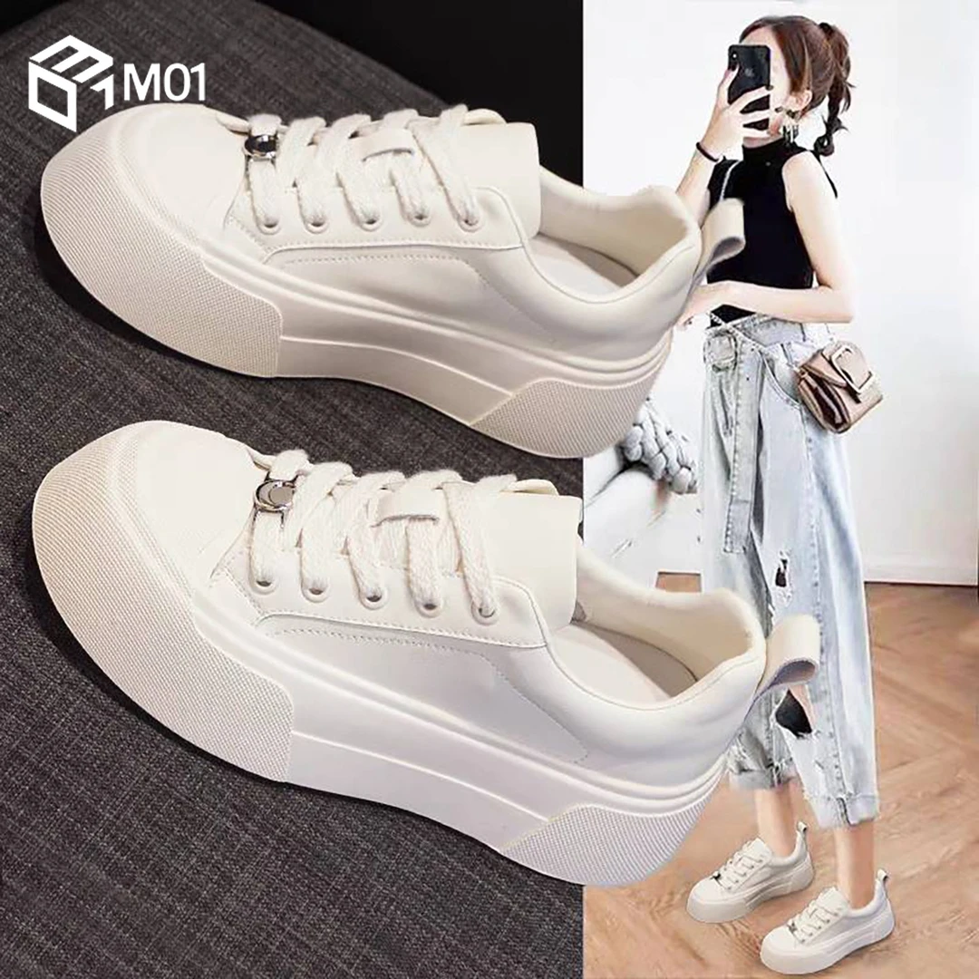 M01小白鞋女厚底2025春秋新款松糕休闲鞋百搭系带复古增高板鞋女