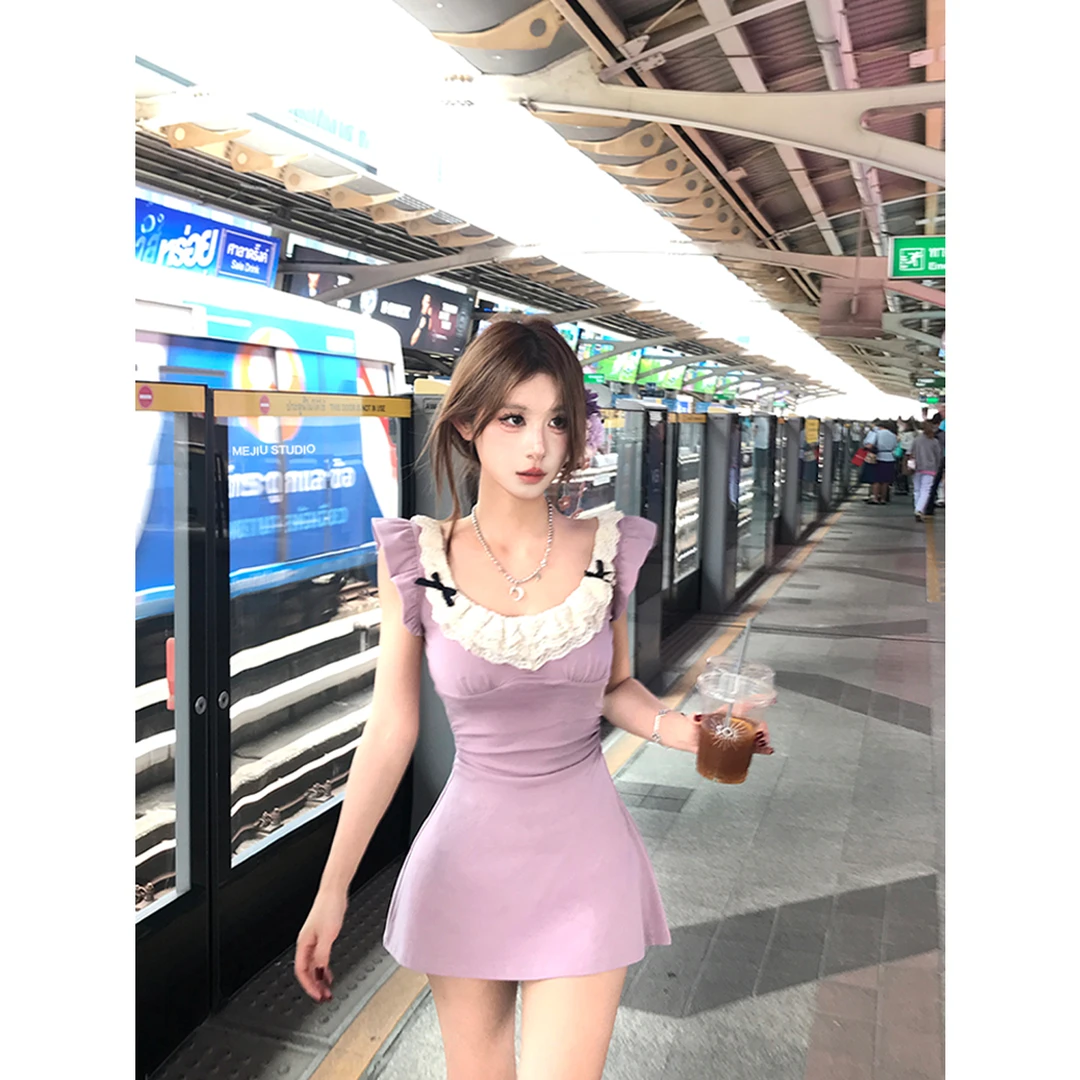 Mejiu蜜九【香芋信笺】蕾丝拼接辣妹镂空设计连衣裙名媛纯欲风裙子