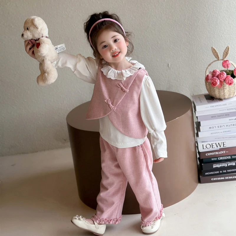 女童蝴蝶结斜边三件套春秋款2025新款时尚小女孩洋气套装中小儿童