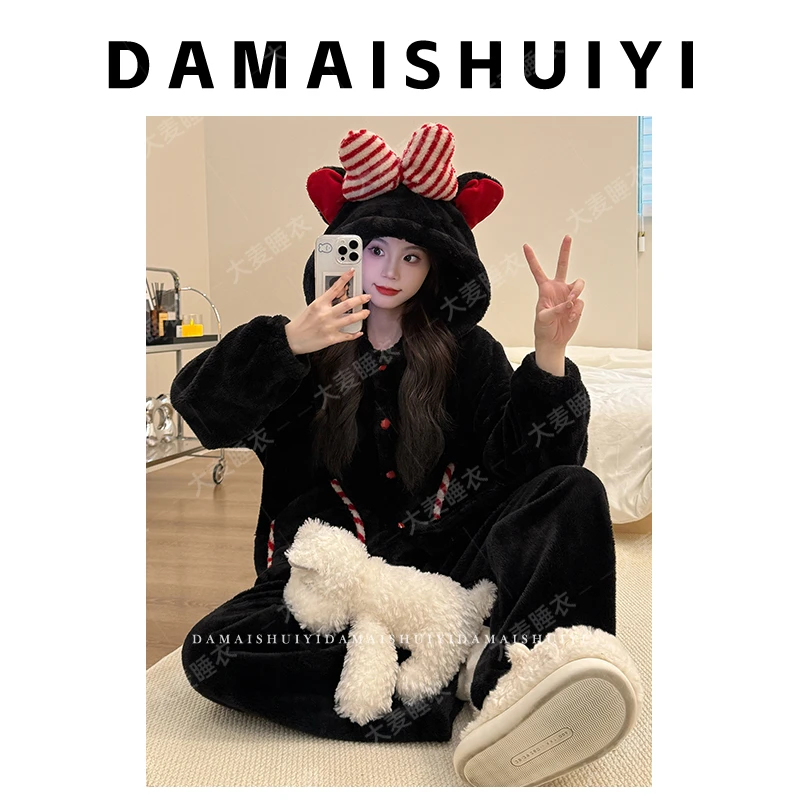 2025冬长毛绒加绒加厚保暖睡衣女卡通少女学院风家居服套装