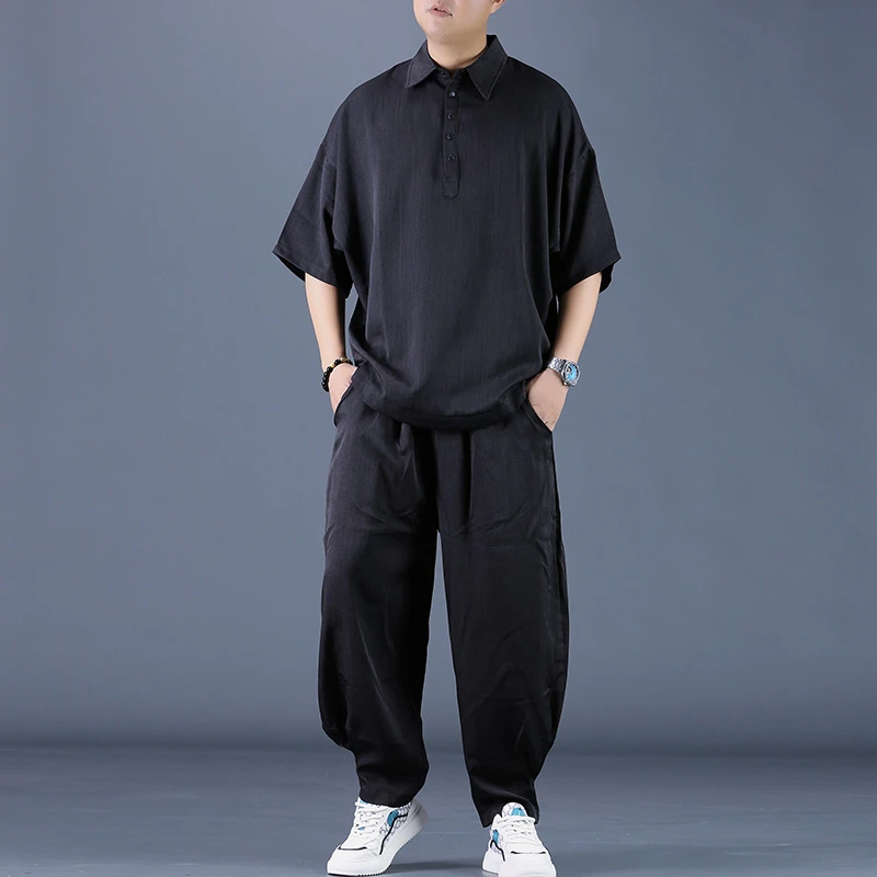 夏季暗黑垂感宽松短袖衬衫裤子休闲套装男潮牌痞帅个性潮男两件套