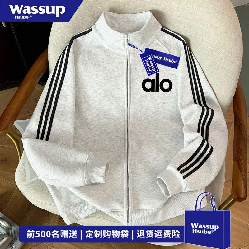 WASSUP HSUBE 秋冬季简约风百搭立领外套男美式字母印花开衫卫衣