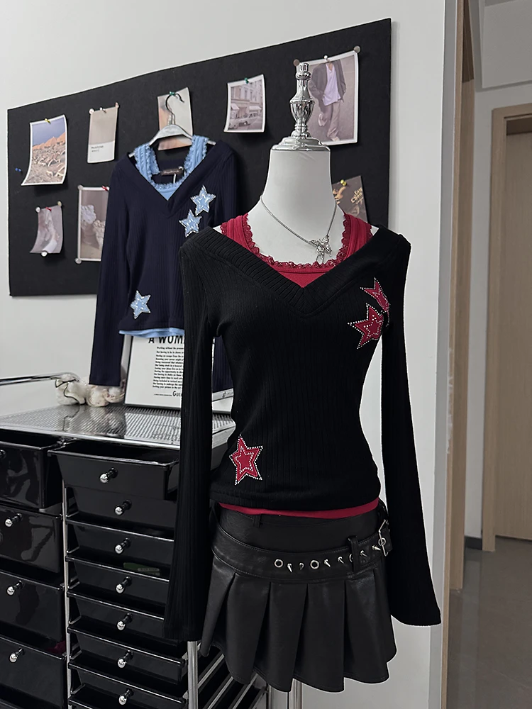 甜辣妹假两件v领收腰毛衣长袖T恤女春秋内搭打底衫上衣针织衫女