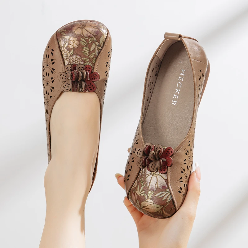 老爷车头层牛皮红色妈妈凉鞋女镂空洞洞鞋真皮透气软底软面老人鞋