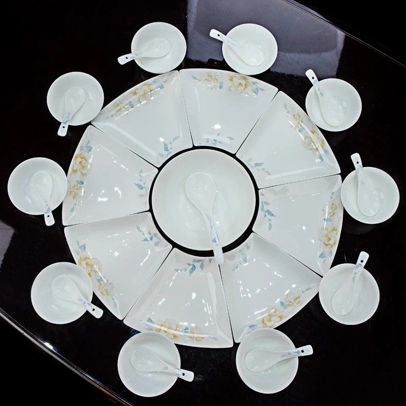 清颜芙蓉团圆饭酒店陶瓷拼盘餐具组合过年团聚碗碟盘套装子家用