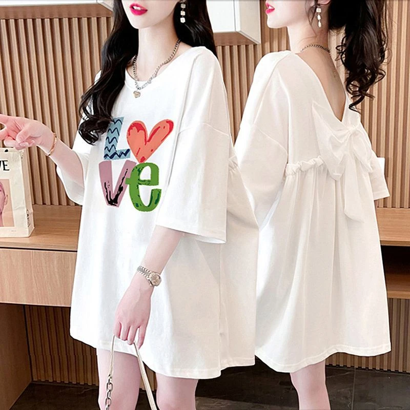 露背小心机蝴蝶结纯棉短袖T恤女2025夏季新款韩版中长款半袖上衣