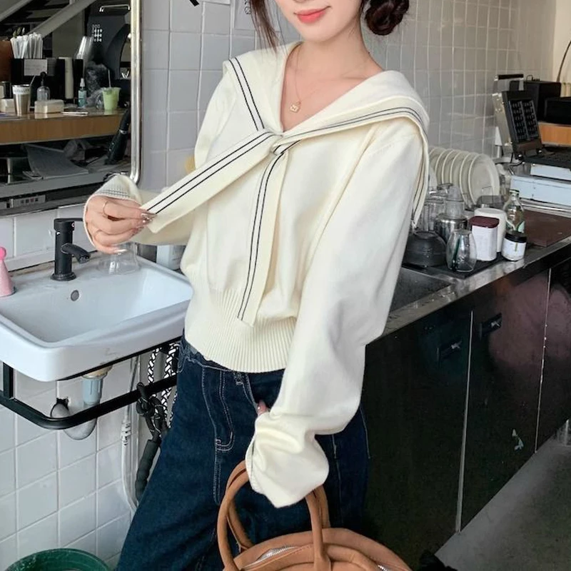 胖mm韩系甜美海军领披肩针织衫女大码秋季新款遮肚子显瘦百搭上衣