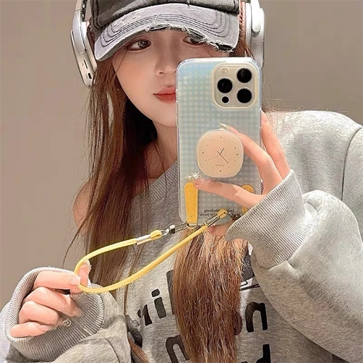 ins韩系格子时钟支架适用适用iPhone16pro手机壳15promax手提14女