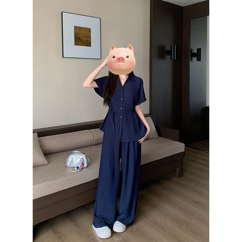 时尚套装女气质百搭宽松显瘦洋气绑带收腰衬衫上衣阔腿裤子两件套