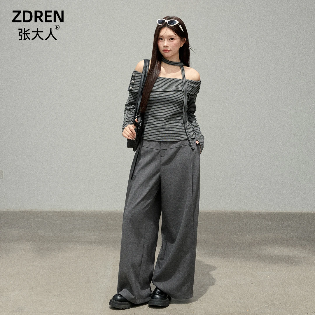 张大人【高智冷都】大码女装微胖妹妹秋季老钱风灰调条纹露肩衫套装