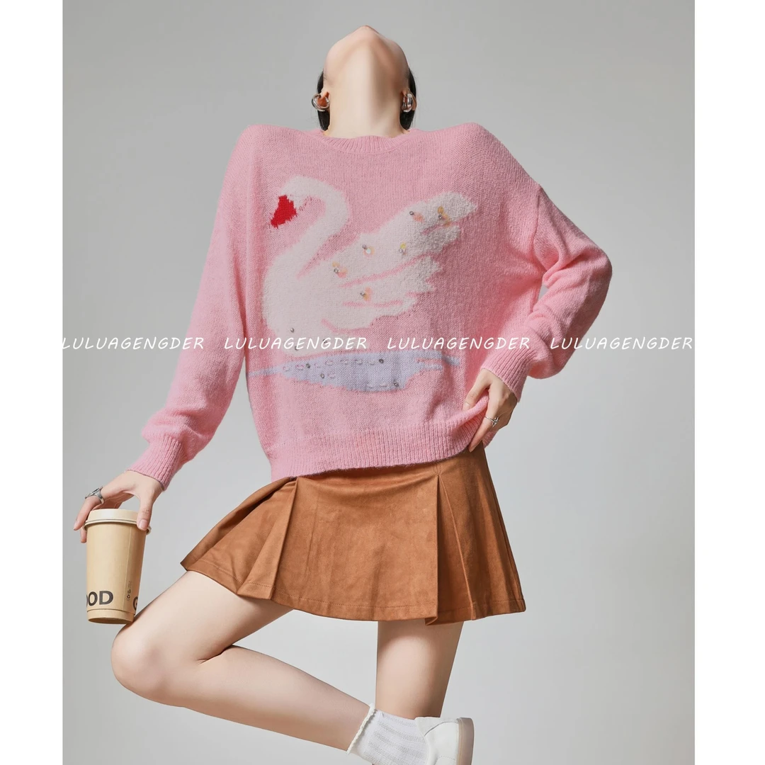 【晨夕专享】宽松粉慵懒风毛衣女2025秋冬新款百搭时尚软糯甜美上衣