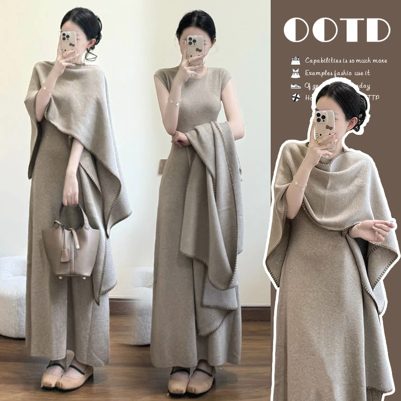 时髦孕妇装新款2025法式复古披肩连衣裙气质长款显瘦网红针织套装