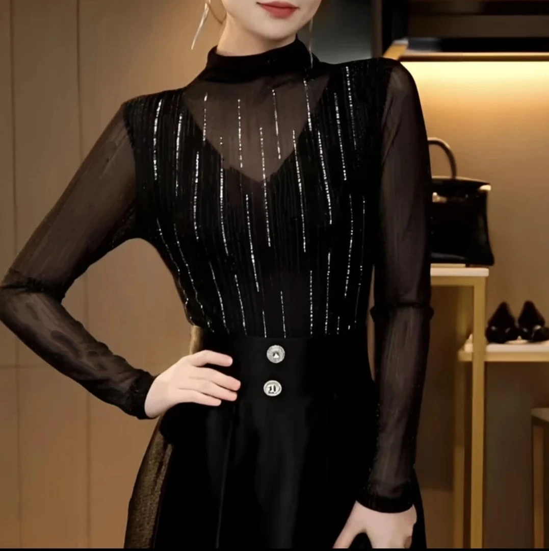 秋季新款网纱长袖打底衫内搭半高领烫钻修身显瘦上衣小衫女