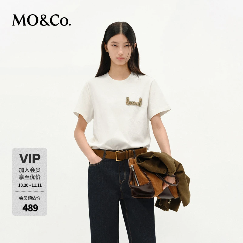 MOCO短袖T恤2025春新品全手工络花钻饰棉质圆领宽松MBE1TEE009