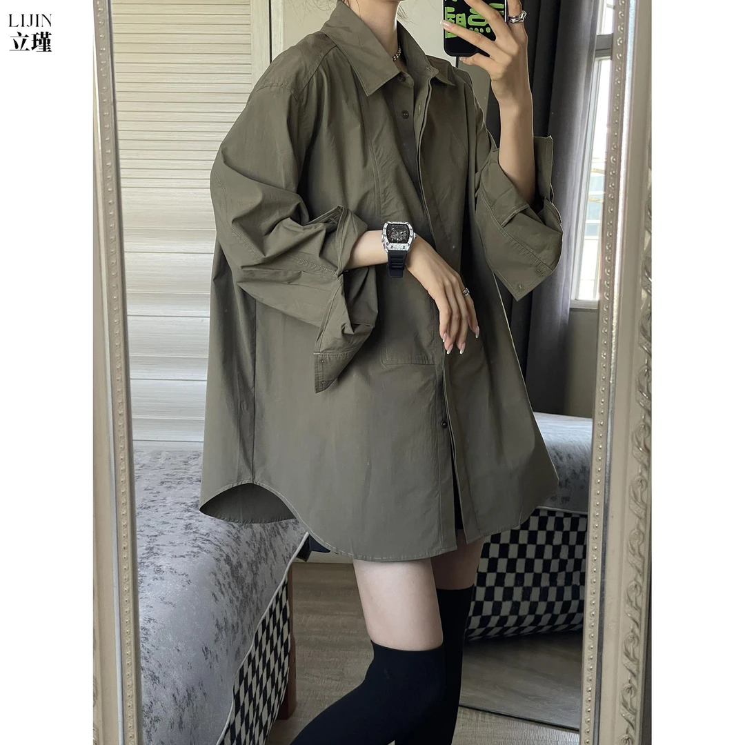 韩版宽松设计感小众军绿色衬衫女复古港味高级感慵懒叠穿内搭衬衫