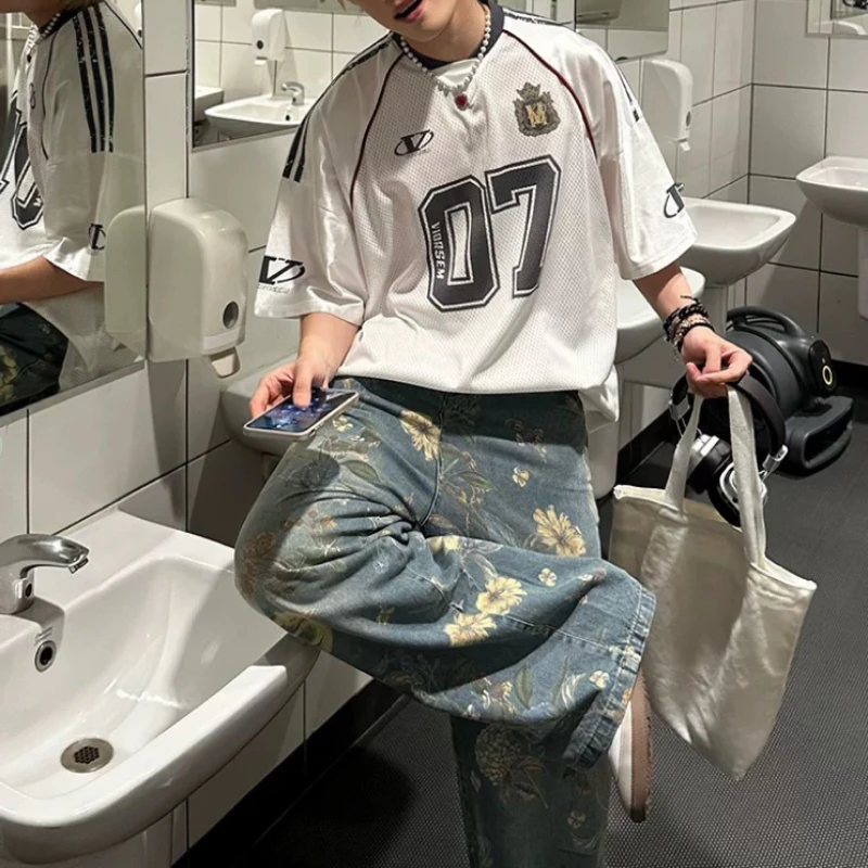 2025美式复古字母涂鸦印花网面短袖T恤男女夏季宽松半袖球衣