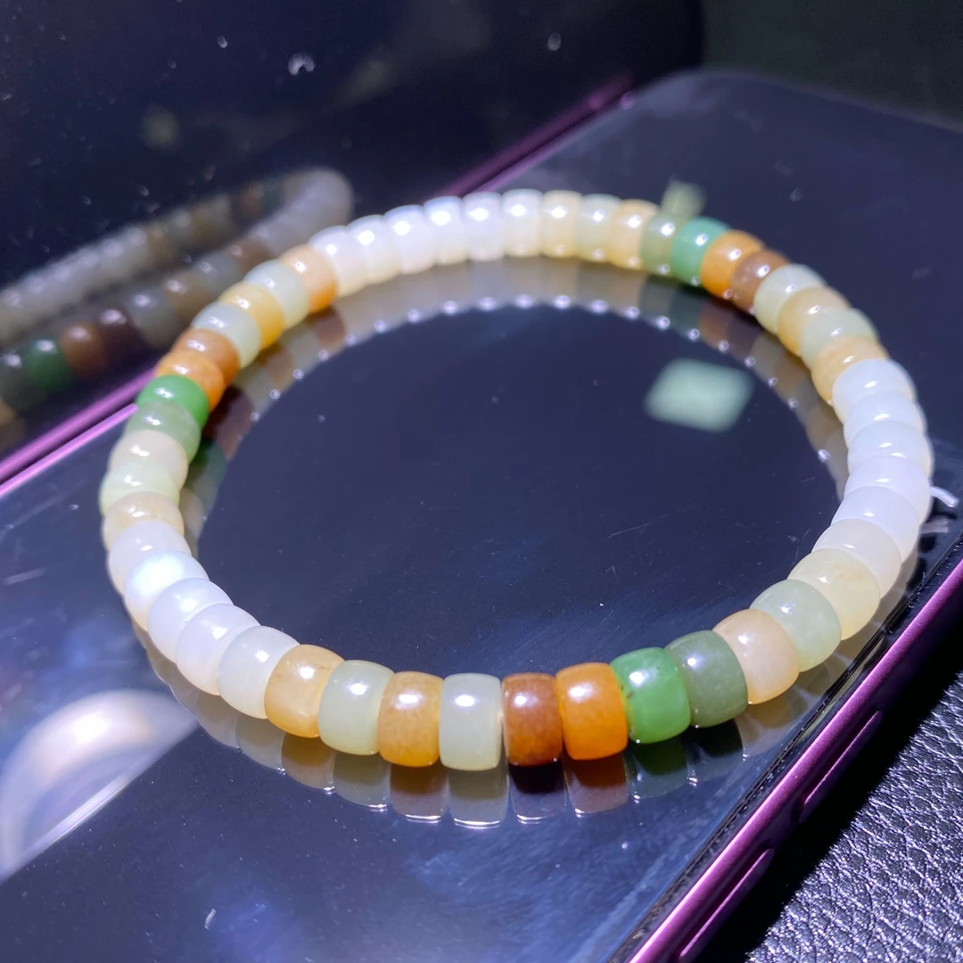 和田玉青玉白玉糖白玉碧玉彩虹色手串单圈玉手串渐变彩色女士