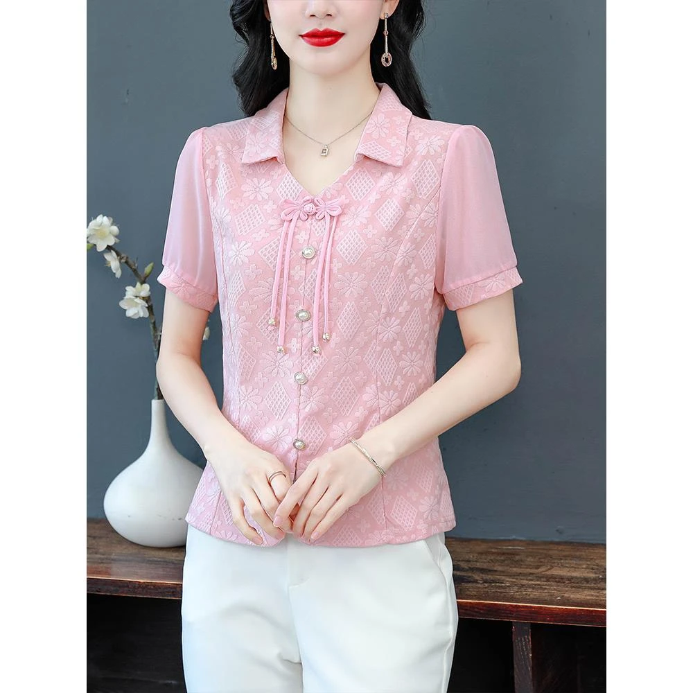 新中式提花短袖雪纺衬衫女夏装新款漂亮减龄小衫高档洋气国风上衣